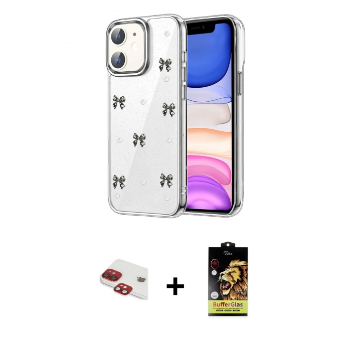 MARSİLYAN™- iPhone 11 Kılıf Yörünge Form - Siyah Buffer Cam Ekran Koruyucu + Pers Alüminyum Kamera Lens - KI