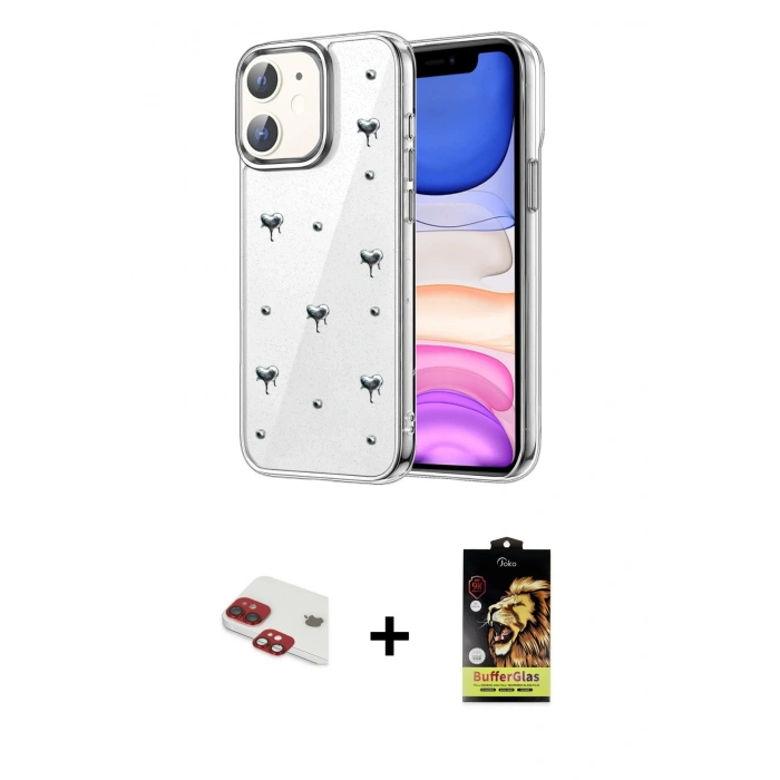 MARSİLYAN™- iPhone 11 Kılıf Yörünge Form - Siyah Buffer Cam Ekran Koruyucu + Pers Alüminyum Kamera Lens - KI