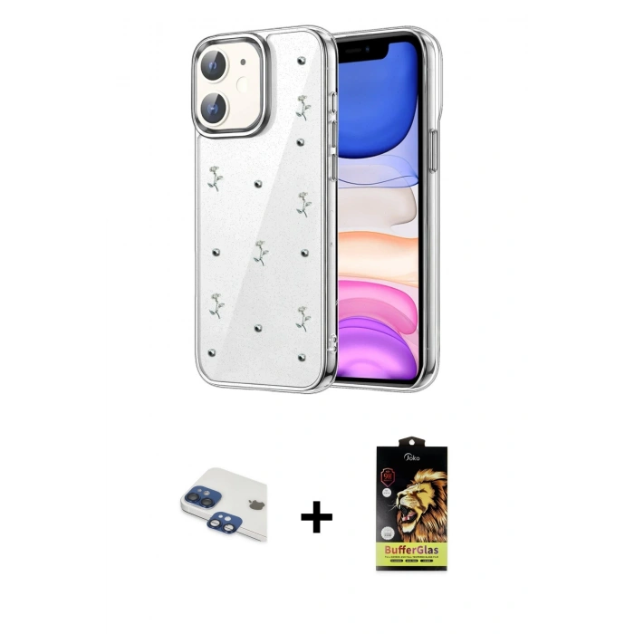 MARSİLYAN™- iPhone 11 Kılıf Yörünge Form - Siyah Buffer Cam Ekran Koruyucu + Pers Alüminyum Kamera Lens - LT
