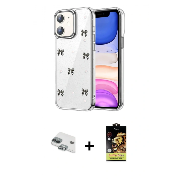 MARSİLYAN™- iPhone 11 Kılıf Yörünge Form - Siyah Buffer Cam Ekran Koruyucu + Pers Alüminyum Kamera Lens - YL