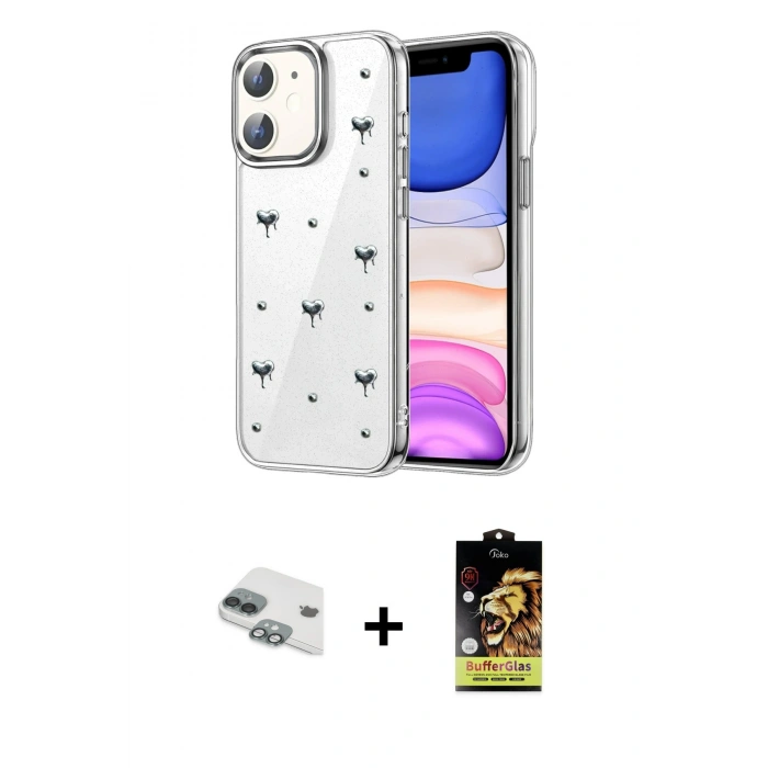 MARSİLYAN™- iPhone 11 Kılıf Yörünge Form - Siyah Buffer Cam Ekran Koruyucu + Pers Alüminyum Kamera Lens - YL