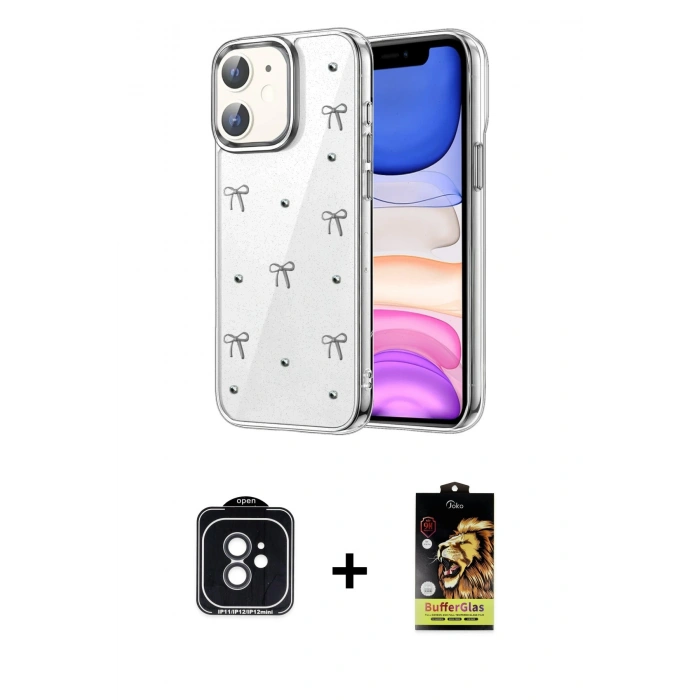 MARSİLYAN™- iPhone 11 Kılıf Yörünge Form - Siyah Buffer Cam Ekran Koruyucu + PVD Metal Kamera Lens - SH