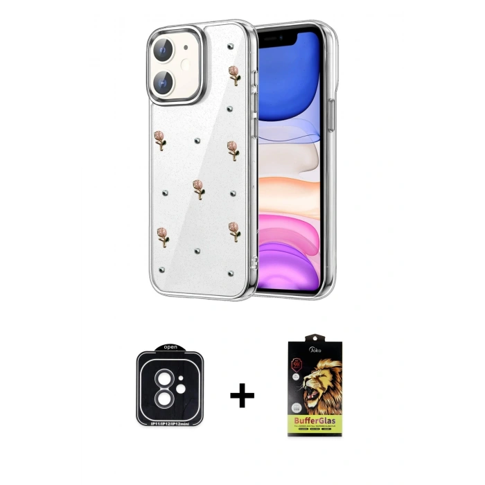 MARSİLYAN™- iPhone 11 Kılıf Yörünge Form - Siyah Buffer Cam Ekran Koruyucu + PVD Metal Kamera Lens - SH