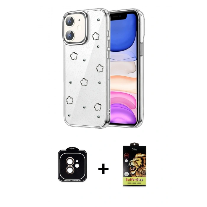 MARSİLYAN™- iPhone 11 Kılıf Yörünge Form - Siyah Buffer Cam Ekran Koruyucu + PVD Metal Kamera Lens - TU