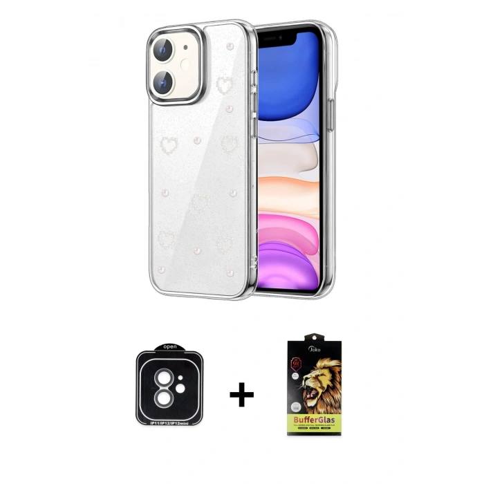 MARSİLYAN™- iPhone 11 Kılıf Yörünge Form - Siyah Buffer Cam Ekran Koruyucu + PVD Metal Kamera Lens - YL