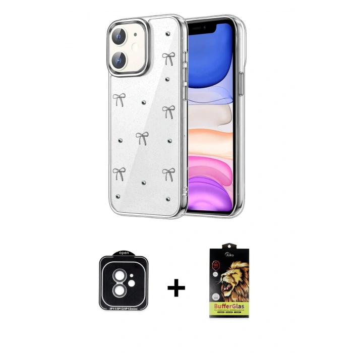 MARSİLYAN™- iPhone 11 Kılıf Yörünge Form - Siyah Buffer Cam Ekran Koruyucu + PVD Metal Kamera Lens - YL