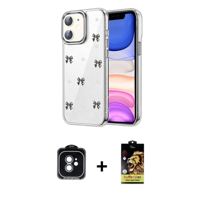 MARSİLYAN™- iPhone 11 Kılıf Yörünge Form - Siyah Buffer Cam Ekran Koruyucu + PVD Metal Kamera Lens - YL