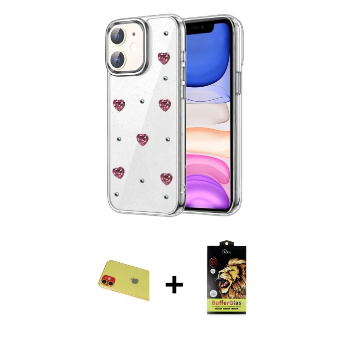 MARSİLYAN™- iPhone 11 Kılıf Yörünge Form - Siyah Buffer Cam Ekran Koruyucu + Rainbow Kamera Lens Koruma Cam - KI