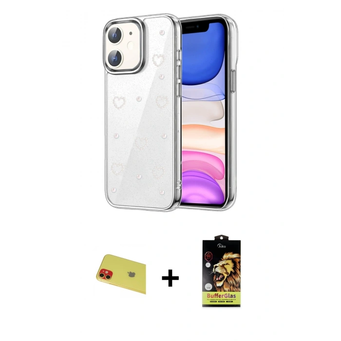 MARSİLYAN™- iPhone 11 Kılıf Yörünge Form - Siyah Buffer Cam Ekran Koruyucu + Rainbow Kamera Lens Koruma Cam - KI
