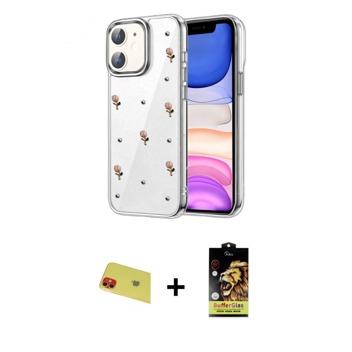 MARSİLYAN™- iPhone 11 Kılıf Yörünge Form - Siyah Buffer Cam Ekran Koruyucu + Rainbow Kamera Lens Koruma Cam - KI