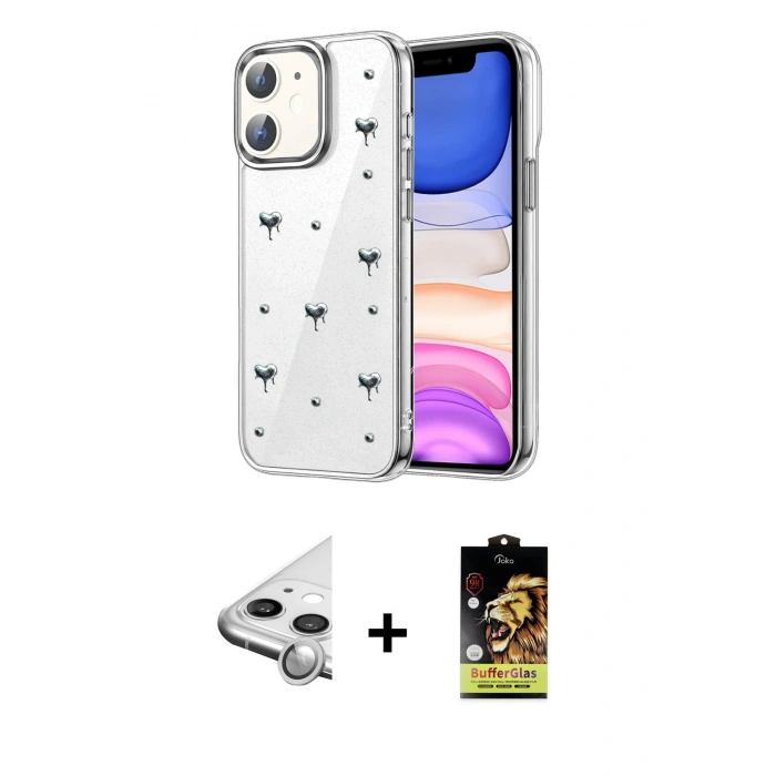MARSİLYAN™- iPhone 11 Kılıf Yörünge Form - Siyah Buffer Cam Ekran Koruyucu + Raze Metal Kamera Lens - GS