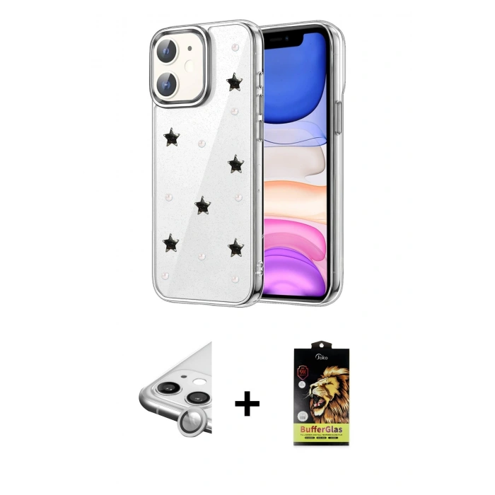 MARSİLYAN™- iPhone 11 Kılıf Yörünge Form - Siyah Buffer Cam Ekran Koruyucu + Raze Metal Kamera Lens - GS
