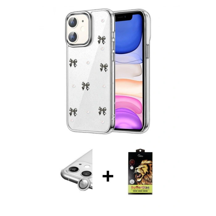 MARSİLYAN™- iPhone 11 Kılıf Yörünge Form - Siyah Buffer Cam Ekran Koruyucu + Raze Metal Kamera Lens - GS