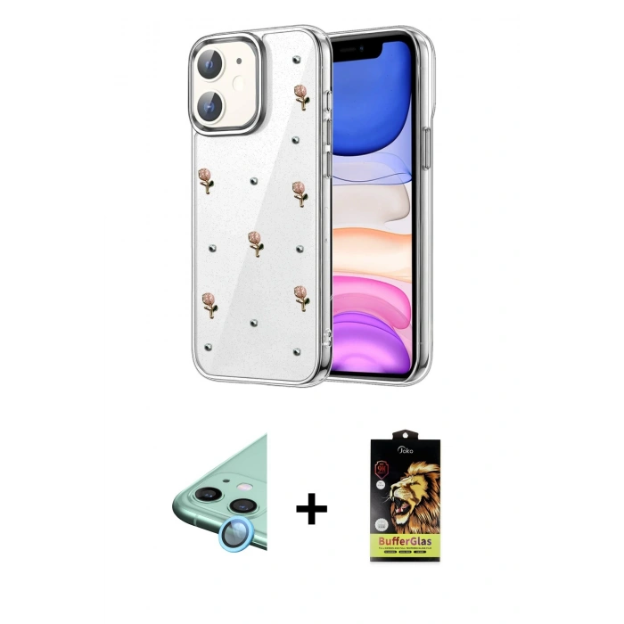 MARSİLYAN™- iPhone 11 Kılıf Yörünge Form - Siyah Buffer Cam Ekran Koruyucu + Raze Metal Kamera Lens - MI