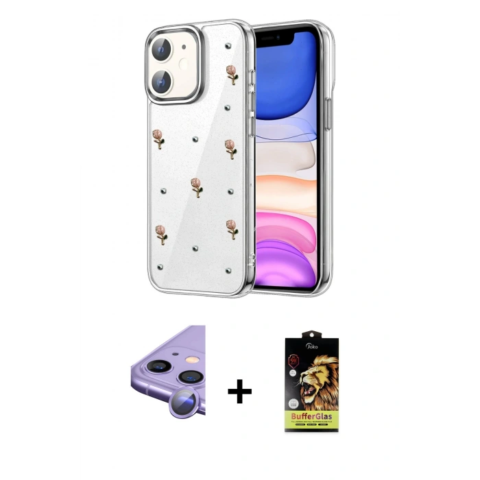 MARSİLYAN™- iPhone 11 Kılıf Yörünge Form - Siyah Buffer Cam Ekran Koruyucu + Raze Metal Kamera Lens - MR
