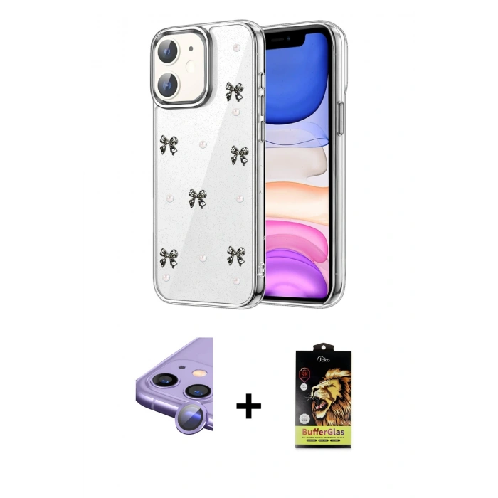 MARSİLYAN™- iPhone 11 Kılıf Yörünge Form - Siyah Buffer Cam Ekran Koruyucu + Raze Metal Kamera Lens - MR