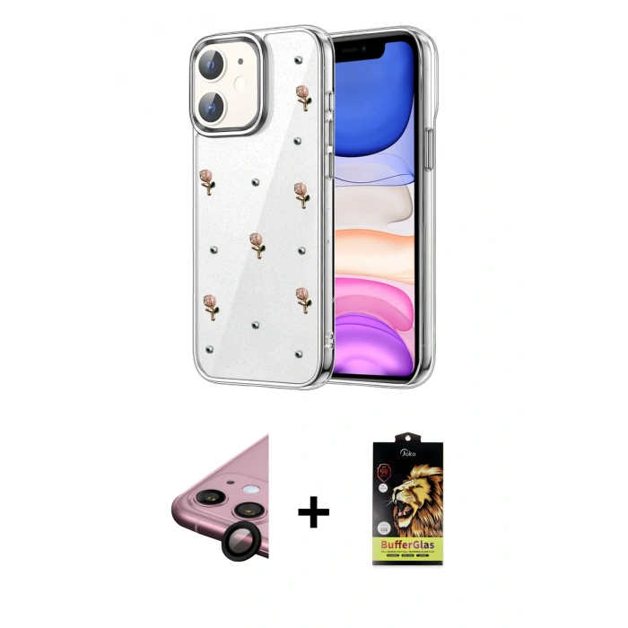 MARSİLYAN™- iPhone 11 Kılıf Yörünge Form - Siyah Buffer Cam Ekran Koruyucu + Raze Metal Kamera Lens - SH