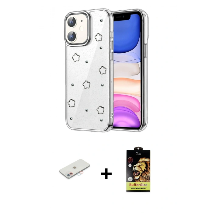 MARSİLYAN™- iPhone 11 Kılıf Yörünge Form - Siyah Buffer Cam Ekran Koruyucu + Renkli Kamera Lens Koruma Cam - PE