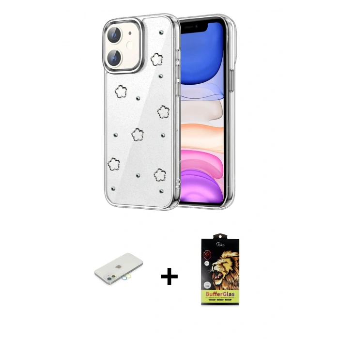 MARSİLYAN™- iPhone 11 Kılıf Yörünge Form - Siyah Buffer Cam Ekran Koruyucu + Renkli Kamera Lens Koruma Cam - SI