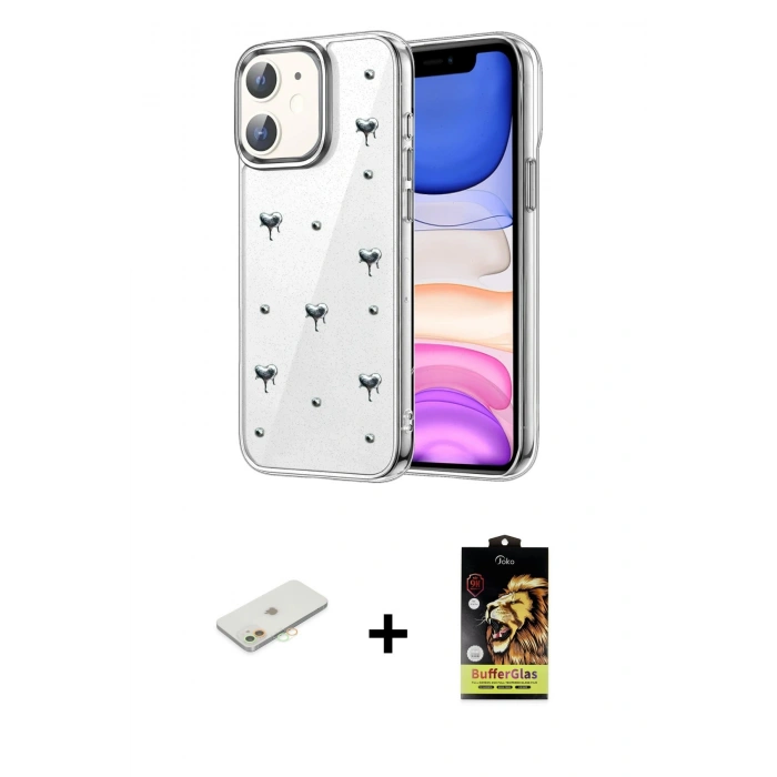 MARSİLYAN™- iPhone 11 Kılıf Yörünge Form - Siyah Buffer Cam Ekran Koruyucu + Renkli Kamera Lens Koruma Cam - TU