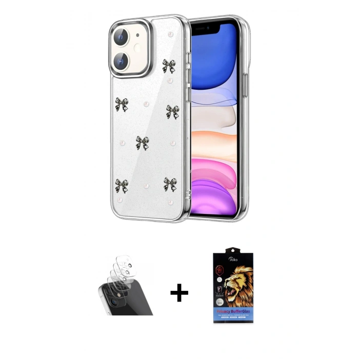 MARSİLYAN™- iPhone 11 Kılıf Yörünge Form - Siyah Buffer Hayalet Cam Ekran Koruyucu + Kamera Lens Koruma Cam - SF