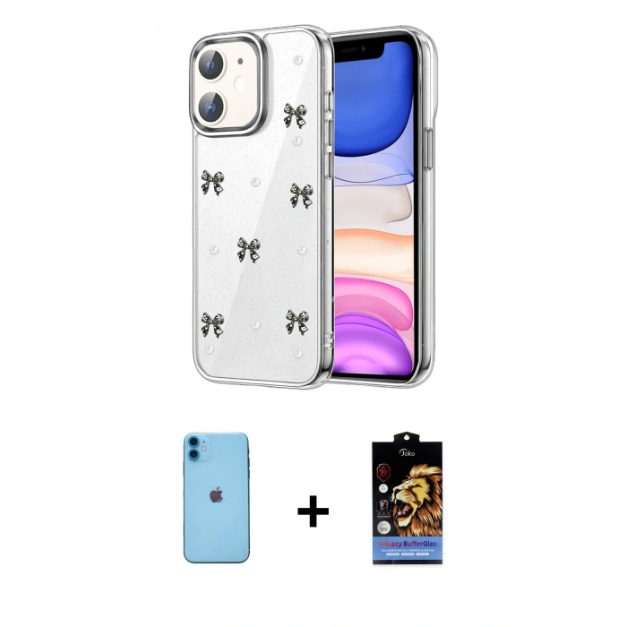 MARSİLYAN™- iPhone 11 Kılıf Yörünge Form - Siyah Buffer Hayalet Cam Ekran Koruyucu + Neon Fosforlu Kamera Lens - MI