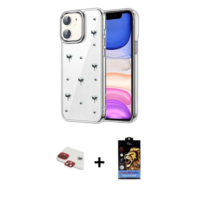MARSİLYAN™- iPhone 11 Kılıf Yörünge Form - Siyah Buffer Hayalet Cam Ekran Koruyucu + Pers Alüminyum Kamera Lens - KI