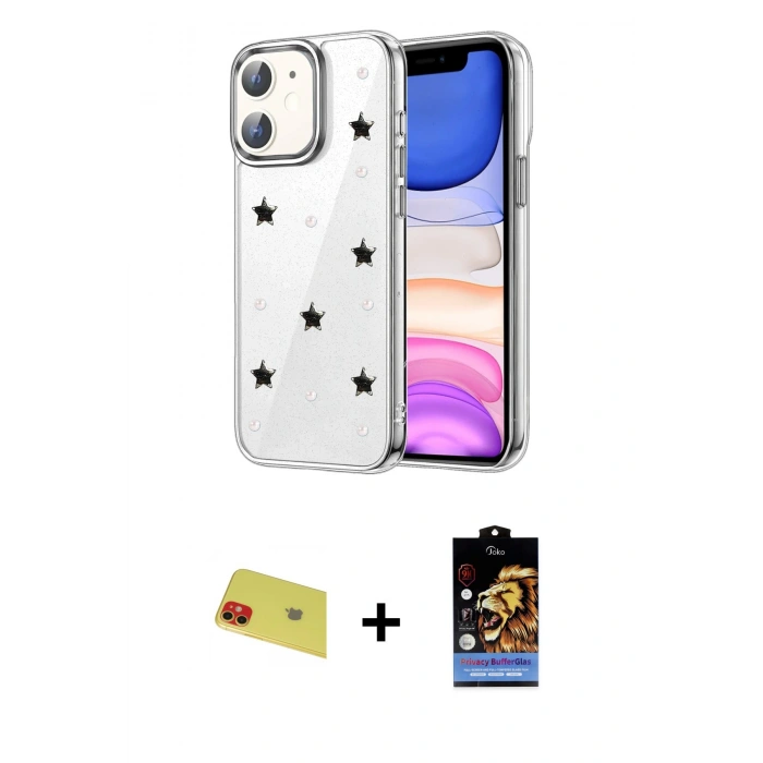 MARSİLYAN™- iPhone 11 Kılıf Yörünge Form - Siyah Buffer Hayalet Cam Ekran Koruyucu + Rainbow Kamera Lens Koruma Cam - KI