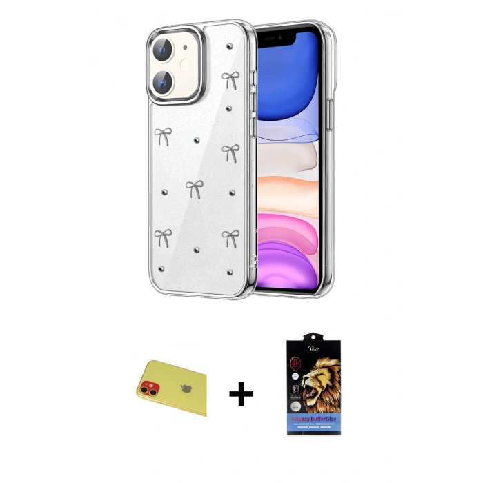MARSİLYAN™- iPhone 11 Kılıf Yörünge Form - Siyah Buffer Hayalet Cam Ekran Koruyucu + Rainbow Kamera Lens Koruma Cam - KI