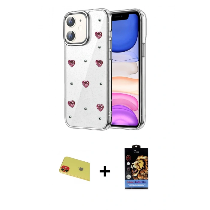 MARSİLYAN™- iPhone 11 Kılıf Yörünge Form - Siyah Buffer Hayalet Cam Ekran Koruyucu + Rainbow Kamera Lens Koruma Cam - KI