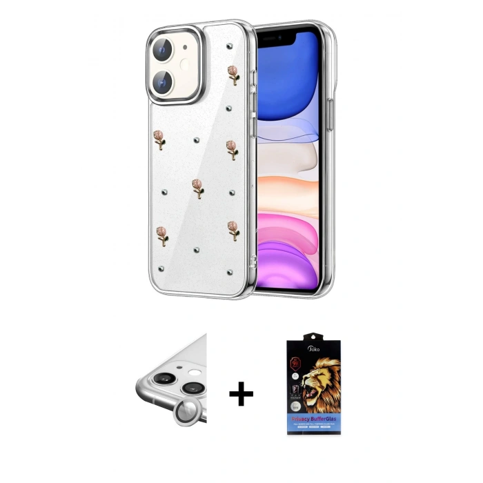 MARSİLYAN™- iPhone 11 Kılıf Yörünge Form - Siyah Buffer Hayalet Cam Ekran Koruyucu + Raze Metal Kamera Lens - GS
