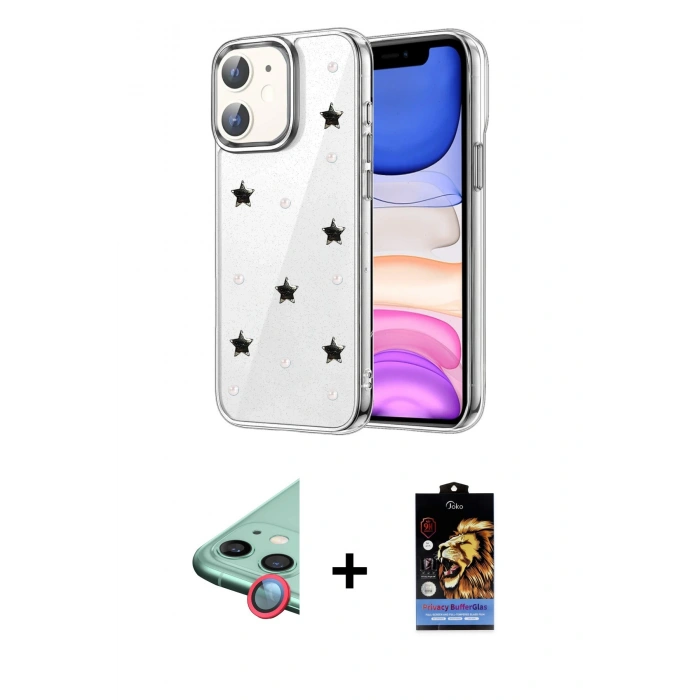 MARSİLYAN™- iPhone 11 Kılıf Yörünge Form - Siyah Buffer Hayalet Cam Ekran Koruyucu + Raze Metal Kamera Lens - KI