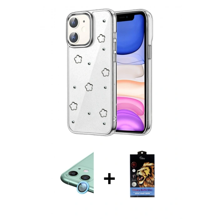 MARSİLYAN™- iPhone 11 Kılıf Yörünge Form - Siyah Buffer Hayalet Cam Ekran Koruyucu + Raze Metal Kamera Lens - MI