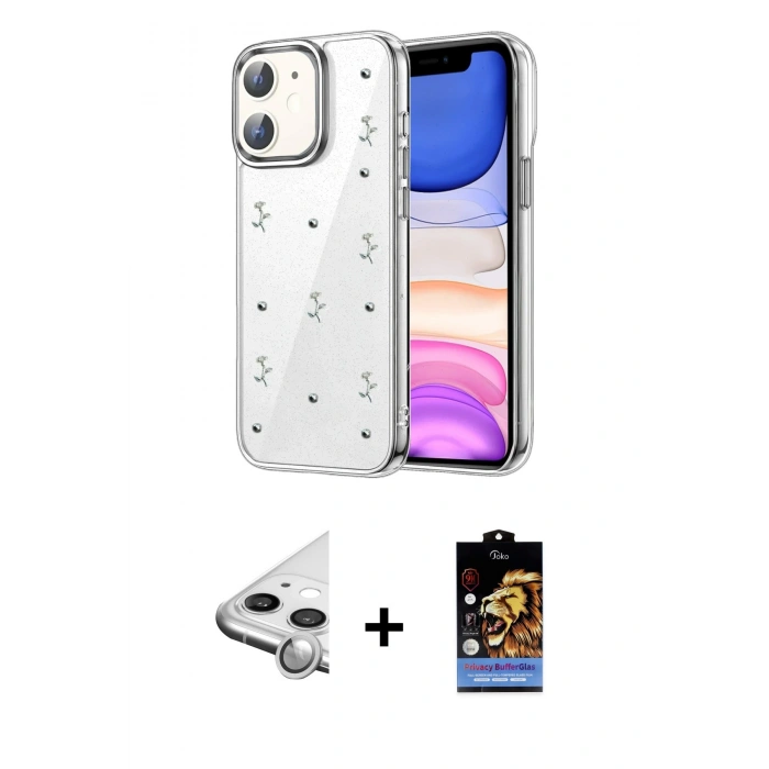 MARSİLYAN™- iPhone 11 Kılıf Yörünge Form - Siyah Buffer Hayalet Cam Ekran Koruyucu + Raze Metal Kamera Lens - GS