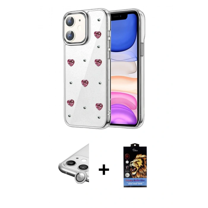 MARSİLYAN™- iPhone 11 Kılıf Yörünge Form - Siyah Buffer Hayalet Cam Ekran Koruyucu + Raze Metal Kamera Lens - GS