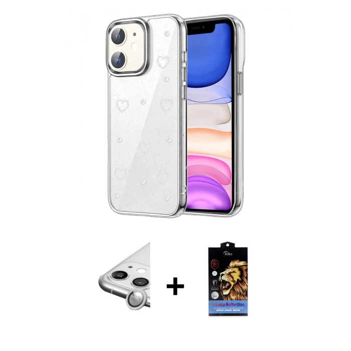 MARSİLYAN™- iPhone 11 Kılıf Yörünge Form - Siyah Buffer Hayalet Cam Ekran Koruyucu + Raze Metal Kamera Lens - GS