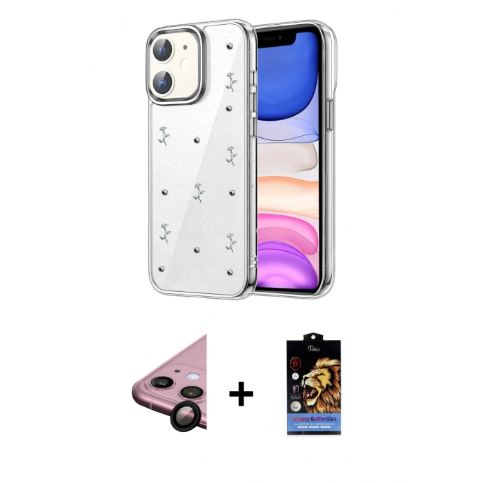 MARSİLYAN™- iPhone 11 Kılıf Yörünge Form - Siyah Buffer Hayalet Cam Ekran Koruyucu + Raze Metal Kamera Lens - SH