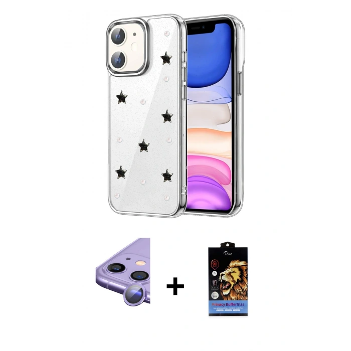 MARSİLYAN™- iPhone 11 Kılıf Yörünge Form - Siyah Buffer Hayalet Cam Ekran Koruyucu + Raze Metal Kamera Lens - MR