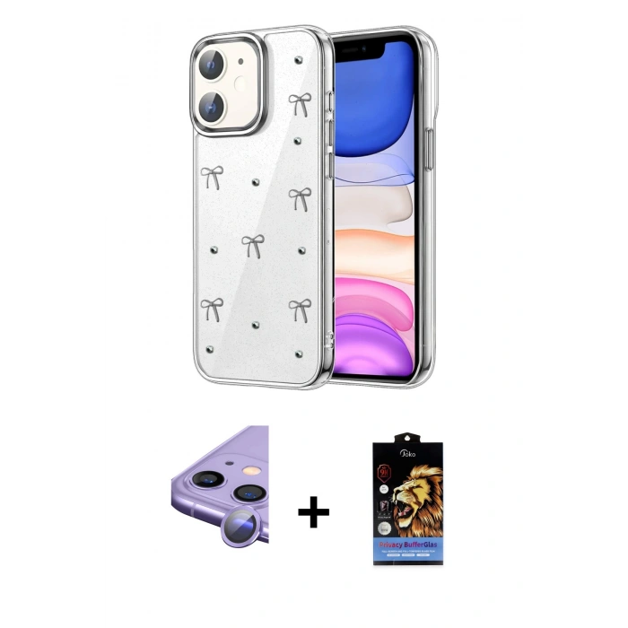 MARSİLYAN™- iPhone 11 Kılıf Yörünge Form - Siyah Buffer Hayalet Cam Ekran Koruyucu + Raze Metal Kamera Lens - MR