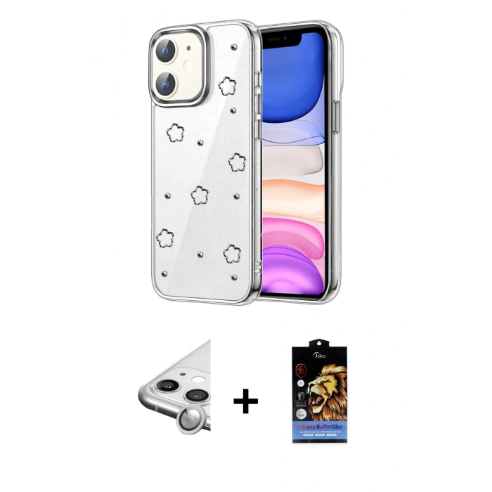 MARSİLYAN™- iPhone 11 Kılıf Yörünge Form - Siyah Buffer Hayalet Cam Ekran Koruyucu + Raze Metal Kamera Lens - GS
