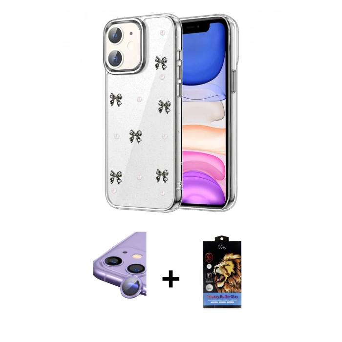MARSİLYAN™- iPhone 11 Kılıf Yörünge Form - Siyah Buffer Hayalet Cam Ekran Koruyucu + Raze Metal Kamera Lens - MR