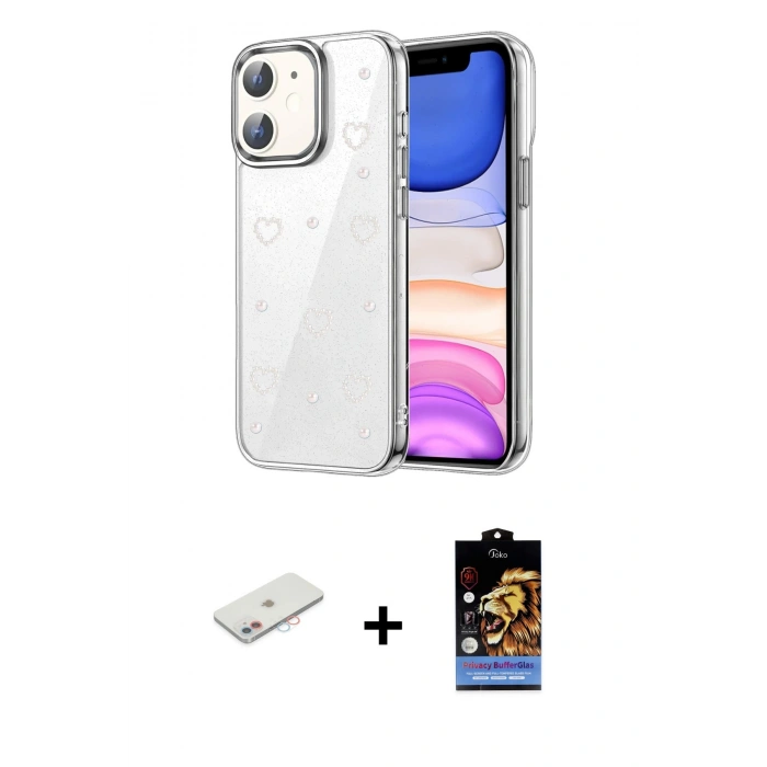MARSİLYAN™- iPhone 11 Kılıf Yörünge Form - Siyah Buffer Hayalet Cam Ekran Koruyucu + Renkli Kamera Lens Koruma Cam - PE