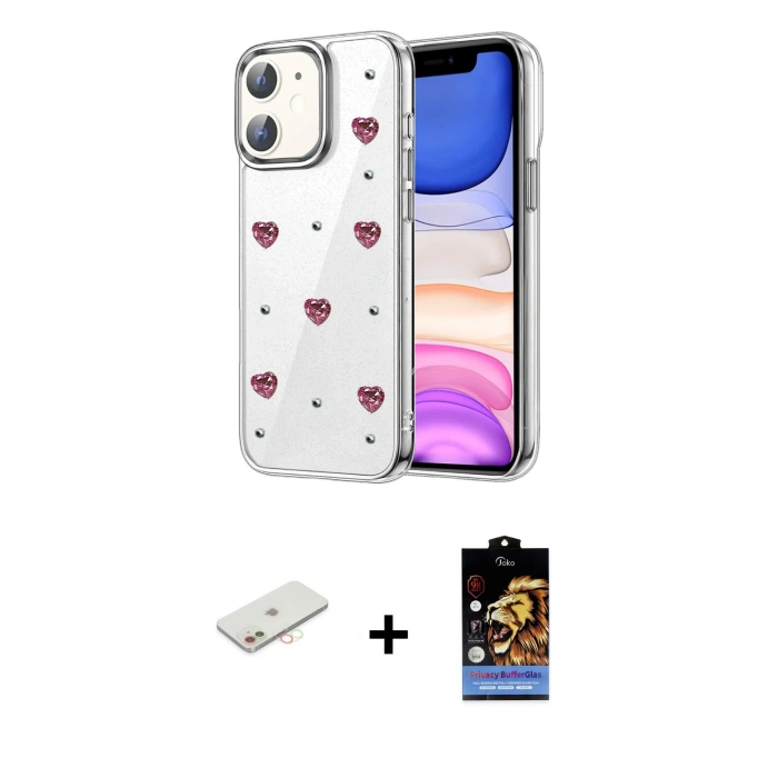 MARSİLYAN™- iPhone 11 Kılıf Yörünge Form - Siyah Buffer Hayalet Cam Ekran Koruyucu + Renkli Kamera Lens Koruma Cam - YL