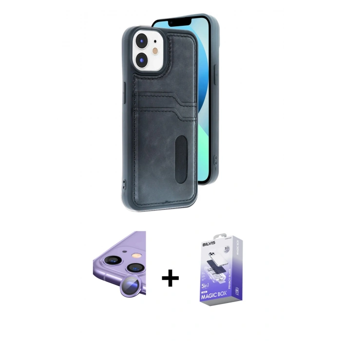 MARSİLYAN™- iPhone 11 Kılıf Yörünge Işık Serisi - Siyah Bilvis 5in1 5D Magic Hayalet Cam Ekran Koruyucu + Raze Metal Kamera Lens - MR