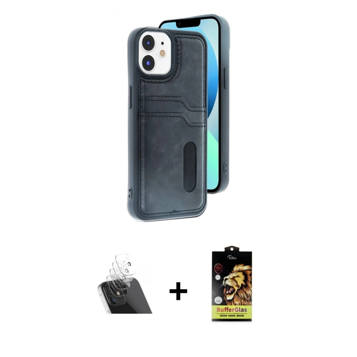 MARSİLYAN™- iPhone 11 Kılıf Yörünge Işık Serisi - Siyah Buffer Cam Ekran Koruyucu + Kamera Lens Koruma Cam - SF