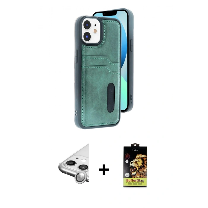 MARSİLYAN™- iPhone 11 Kılıf Yörünge Işık Serisi - Siyah Buffer Cam Ekran Koruyucu + Raze Metal Kamera Lens - GS