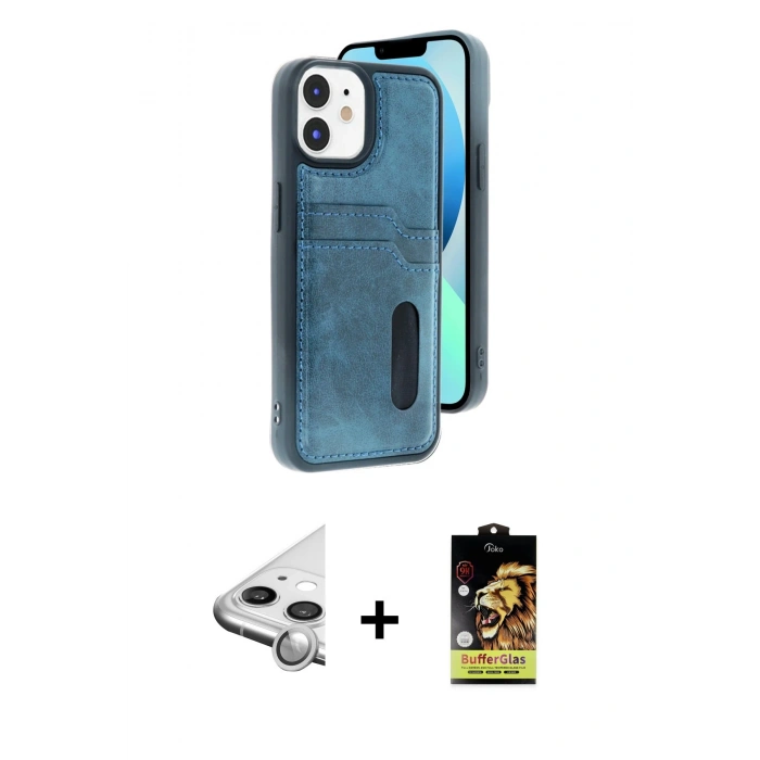 MARSİLYAN™- iPhone 11 Kılıf Yörünge Işık Serisi - Siyah Buffer Cam Ekran Koruyucu + Raze Metal Kamera Lens - GS