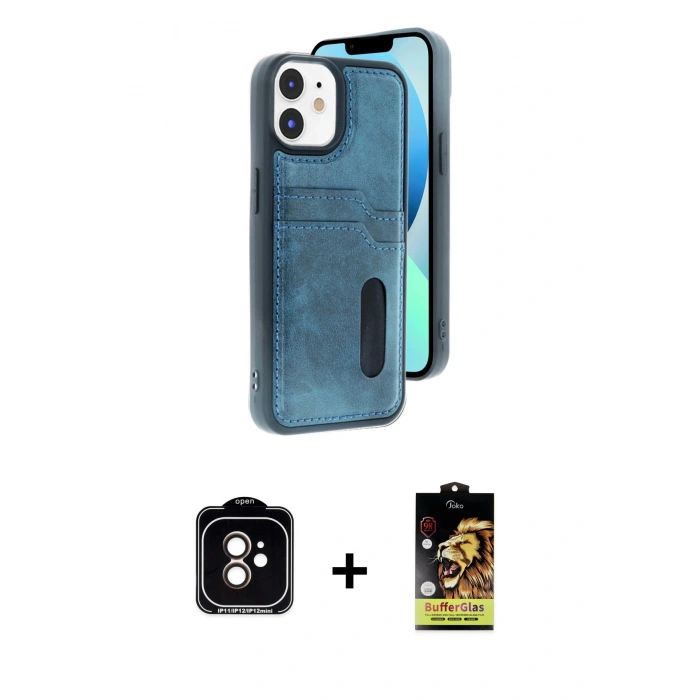 MARSİLYAN™- iPhone 11 Kılıf Yörünge Işık Serisi - Siyah Buffer Cam Ekran Koruyucu + Turuncu PVD Metal Kamera Lens