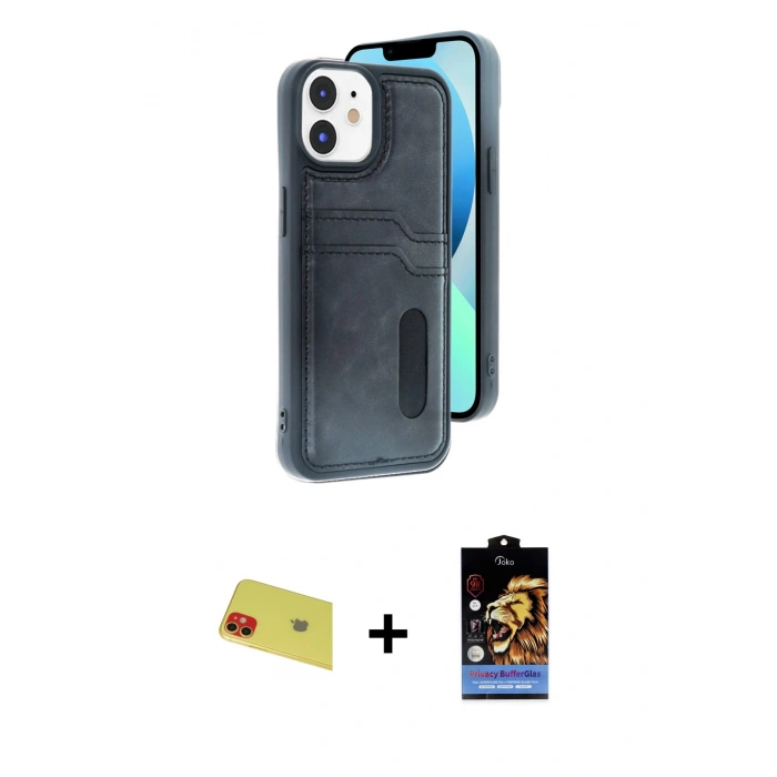 MARSİLYAN™- iPhone 11 Kılıf Yörünge Işık Serisi - Siyah Buffer Hayalet Cam Ekran Koruyucu + Rainbow Kamera Lens Koruma Cam - KI