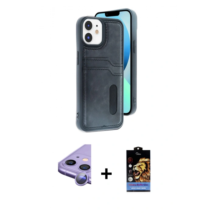 MARSİLYAN™- iPhone 11 Kılıf Yörünge Işık Serisi - Siyah Buffer Hayalet Cam Ekran Koruyucu + Raze Metal Kamera Lens - MR